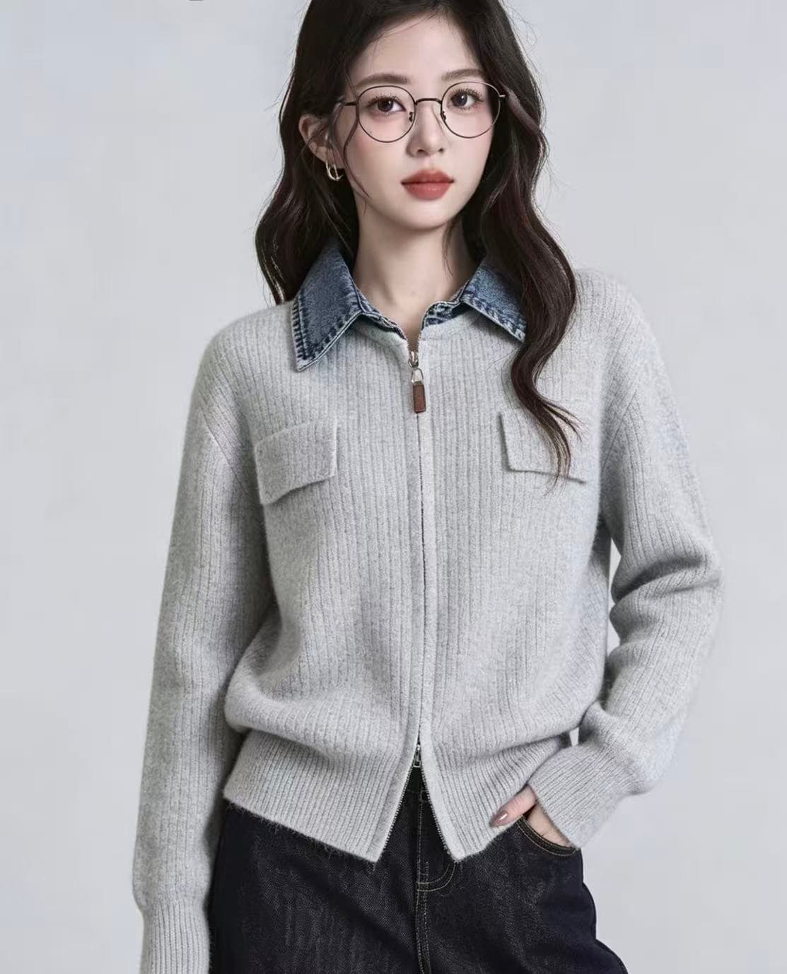 패치워크 데님 폴로 칼라 스웨터 여자 겨울 새로운 배색 지퍼 니트 오픈 가디건 맨위 이미지 3
