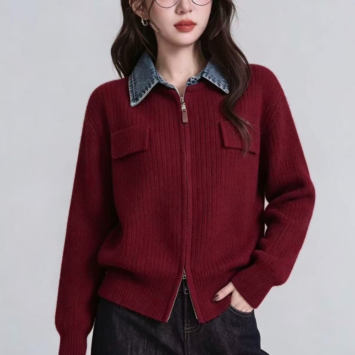 패치워크 데님 폴로 칼라 스웨터 여자 겨울 새로운 배색 지퍼 니트 오픈 가디건 맨위 이미지 5