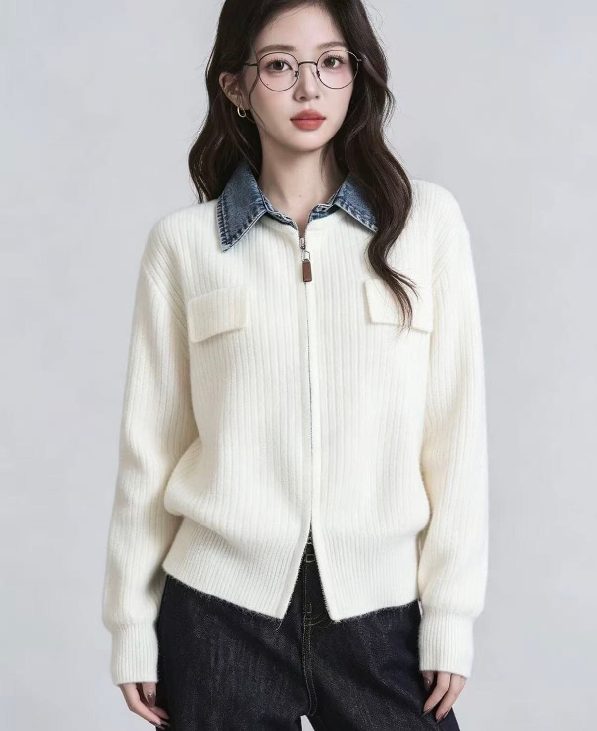 패치워크 데님 폴로 칼라 스웨터 여자 겨울 새로운 배색 지퍼 니트 오픈 가디건 맨위 상세 이미지 3