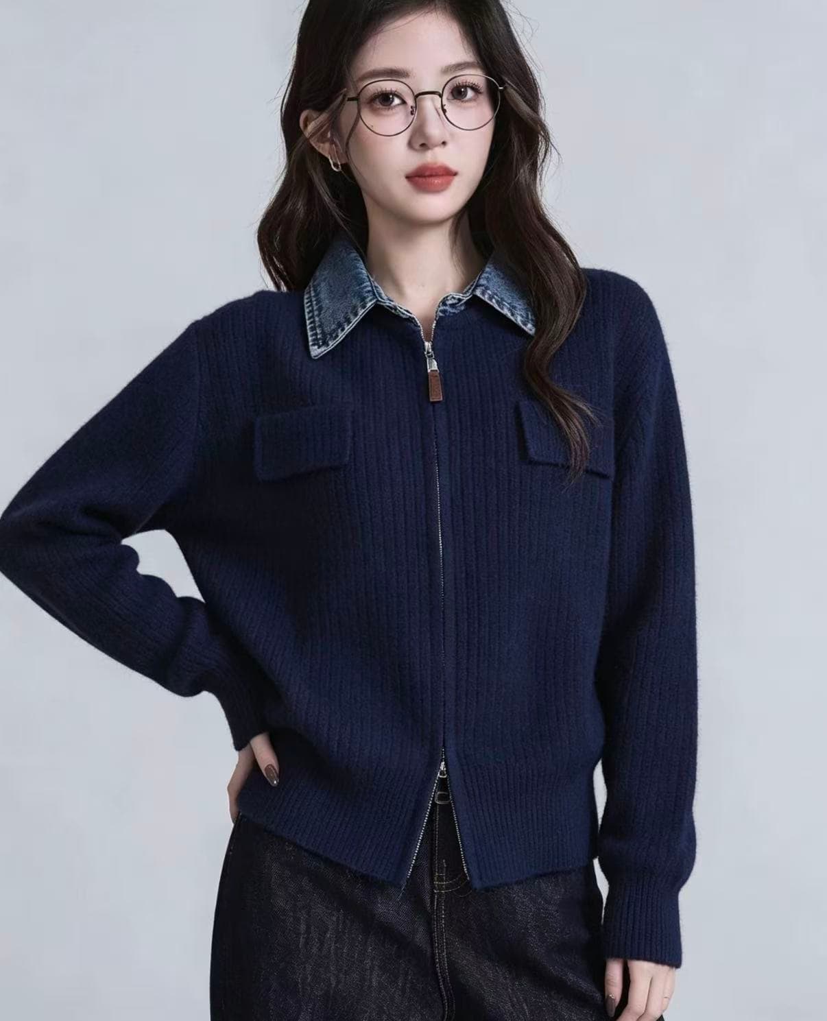 패치워크 데님 폴로 칼라 스웨터 여자 겨울 새로운 배색 지퍼 니트 오픈 가디건 맨위 상세 이미지 5