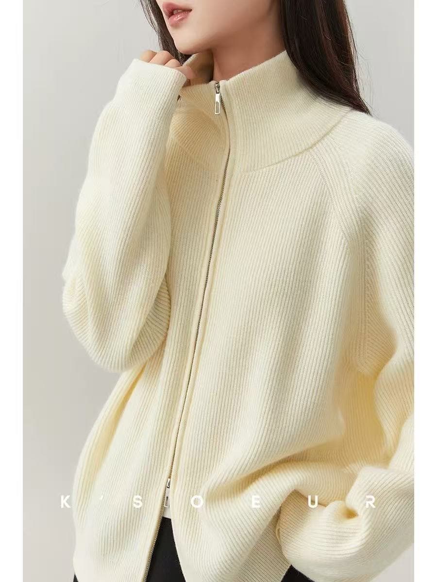 가을 겨울 느슨함 바람 터틀넥 지퍼 니트 오픈 가디건 여성 두꺼운 루즈핏 다용도 스웨터 코트 상세 이미지 2