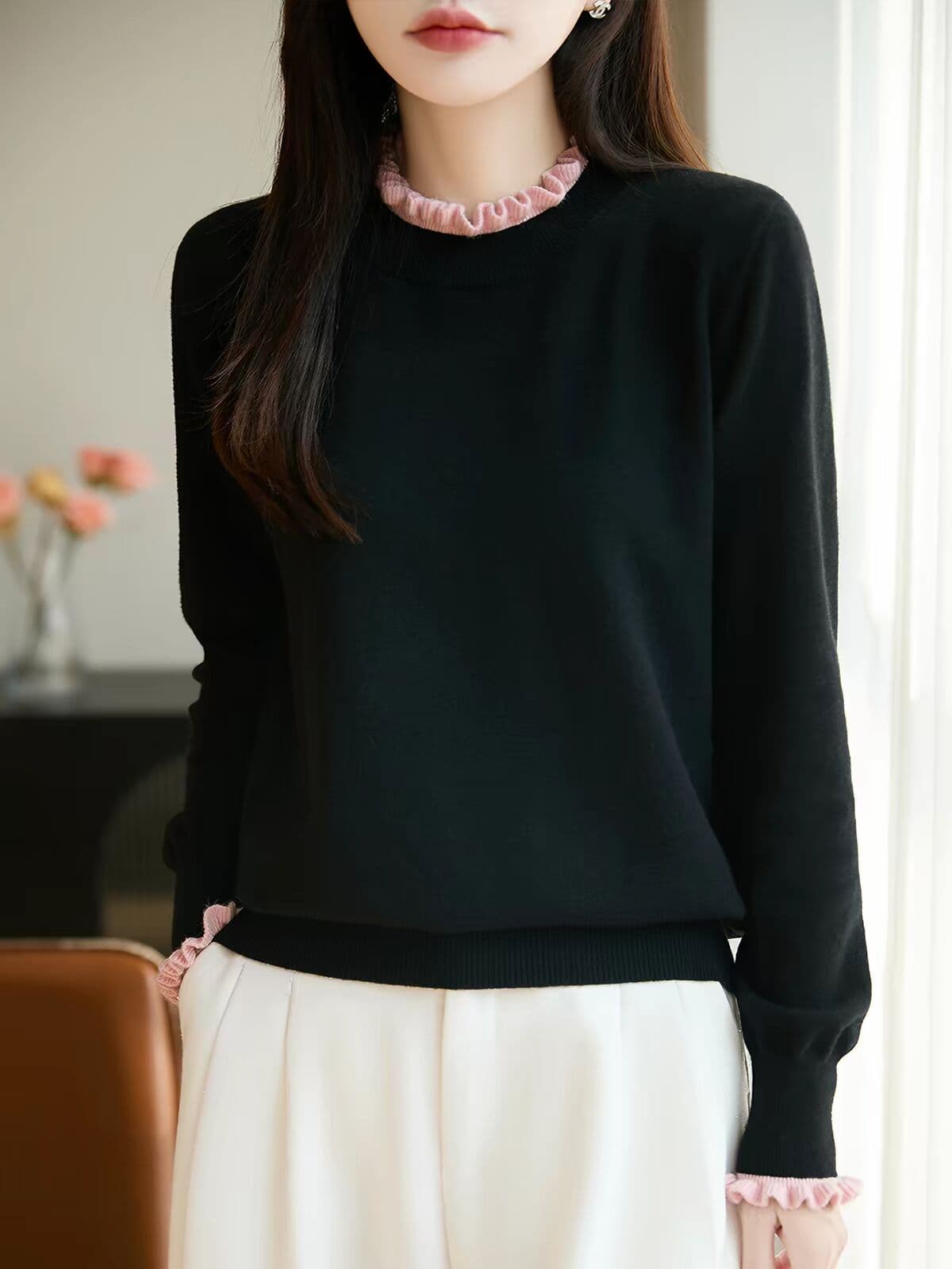 가을 겨울 프릴 라운드 넥 스웨터 여자 레이스 칼라 캐주얼 기본 셔츠 니트 스웨터 인사이드 잡아라. 의류 이미지 4