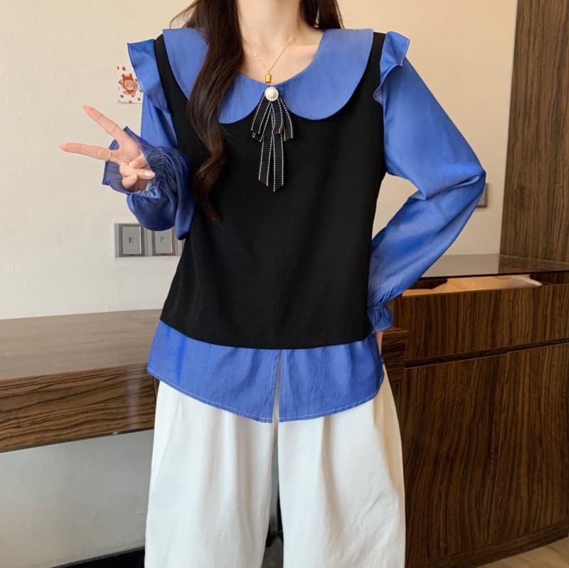 2026 봄 신제품 빅 사이즈 여성 의류 지방 mm 베이비 칼라 페이크 레이어드 베스트 긴팔 연령 감소 자이언트 슬림해 보이는 맨위 이미지 3
