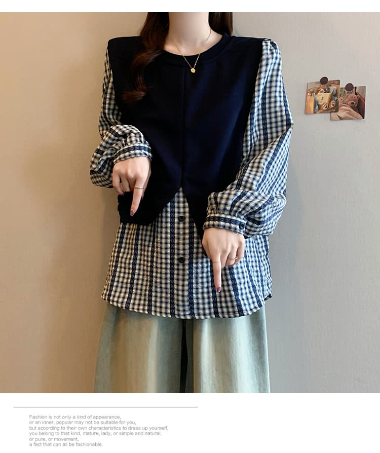 빅 사이즈 여성 의류 지방 mm 2026 가을 디자인 센스 작은 대중 후드티 베스트 패치워크 셔츠 페이크 레이어드 스트라이프 셔츠 상세 이미지 25