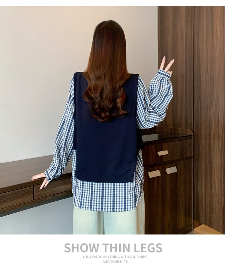 빅 사이즈 여성 의류 지방 mm 2026 가을 디자인 센스 작은 대중 후드티 베스트 패치워크 셔츠 페이크 레이어드 스트라이프 셔츠 상세 이미지 34
