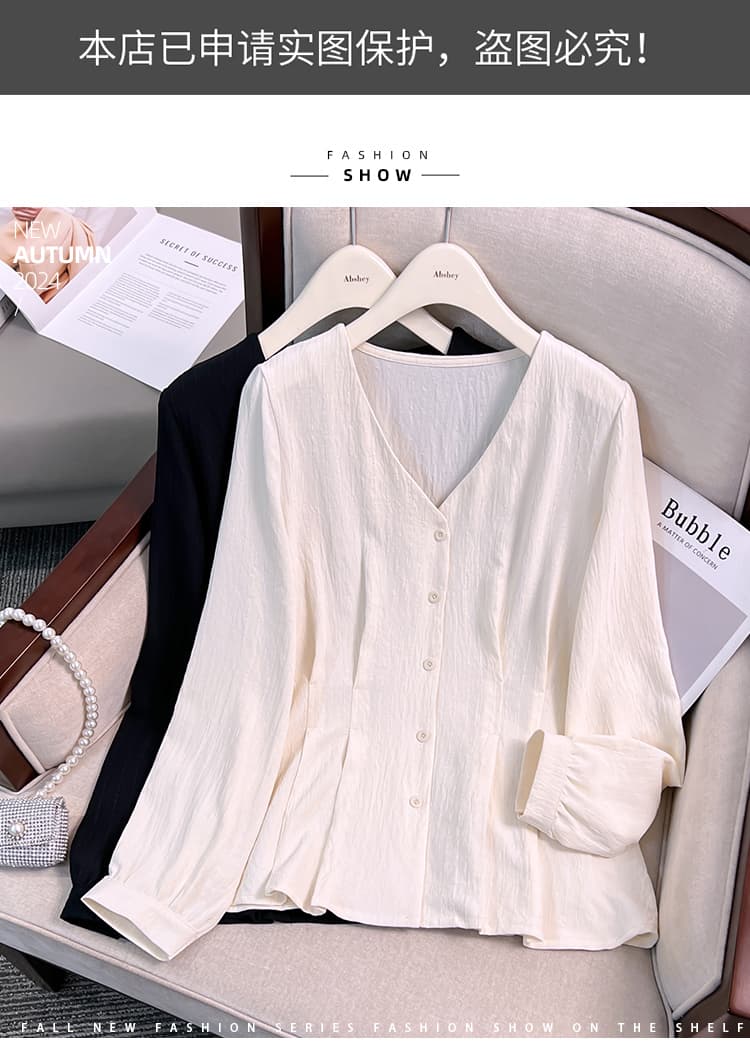 실사 빅 사이즈 여성 의류 지방 mm 봄 새로운 Chic V넥 허리 수축 슬림해 보이는 외국 가스 표지 배 품격 긴팔 맨위 상세 이미지 1
