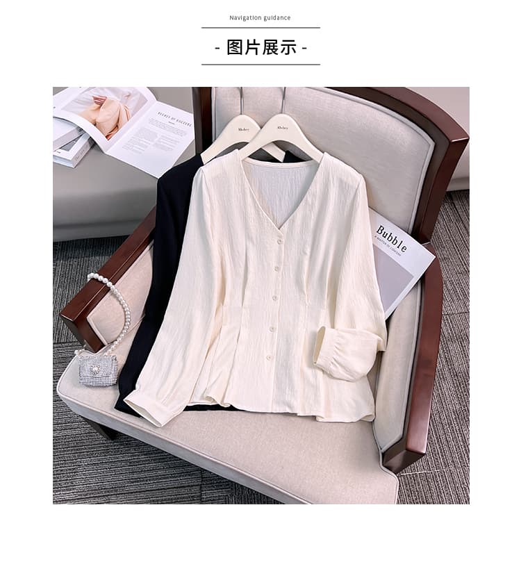실사 빅 사이즈 여성 의류 지방 mm 봄 새로운 Chic V넥 허리 수축 슬림해 보이는 외국 가스 표지 배 품격 긴팔 맨위 상세 이미지 9