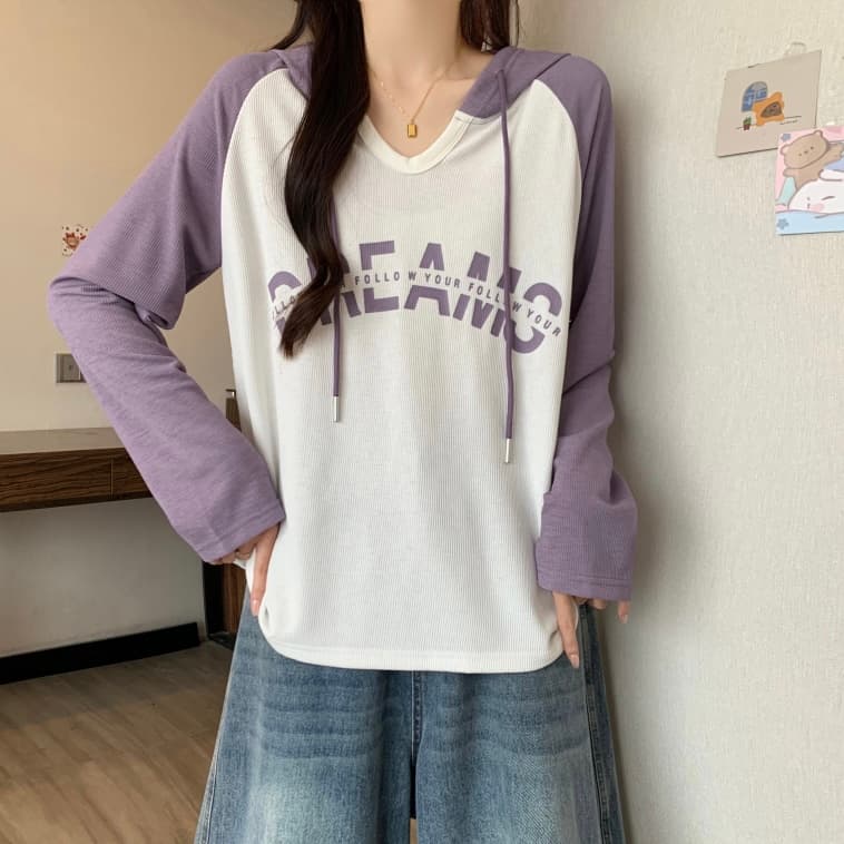 실사 빅 사이즈 여성 의류 봄 새로운 지방 mm 심지어 소매 삽입 어깨 소매 루즈핏 캐주얼 배색 인쇄 알파벳 긴팔 티셔츠 상세 이미지 15