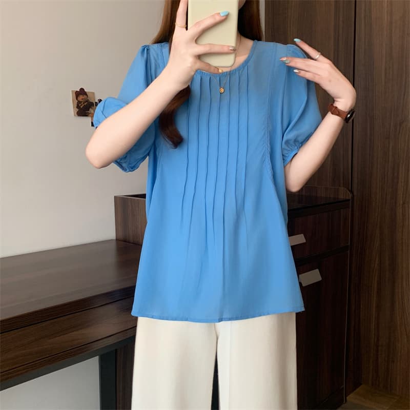빅 사이즈 여성 의류 지방 mm 여름 새로운 품격 미니멀리즘 플리츠 슬림해 보이는 표지 배 인형 셔츠 모방 주간 실크 맨위 상세 이미지 13