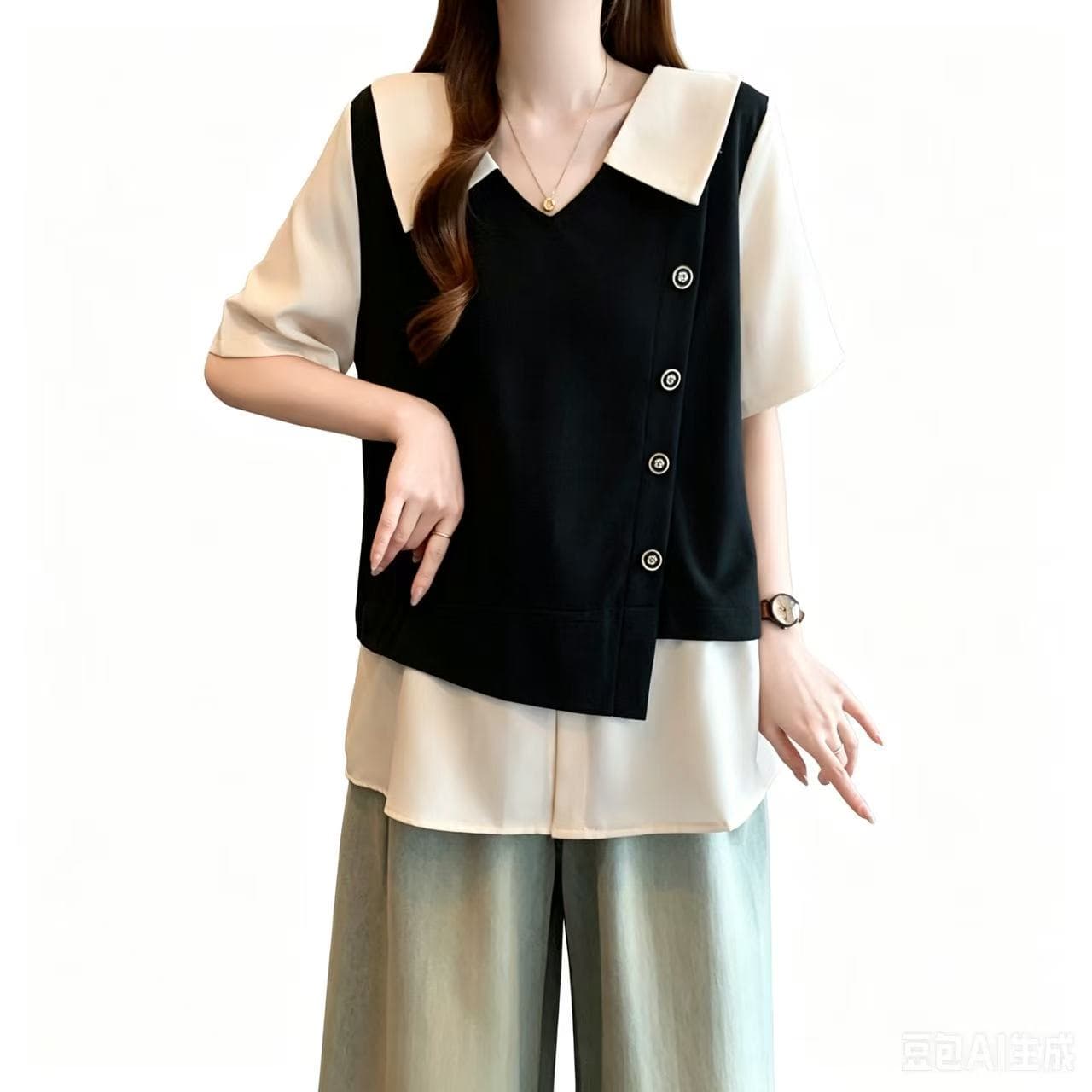 빅 사이즈 여성 의류 지방 mm 2026 여름 새로운 베이비 칼라 배색 패치워크 페이크 레이어드 연령 감소 슬림해 보이는 다용도 맨위 이미지 6