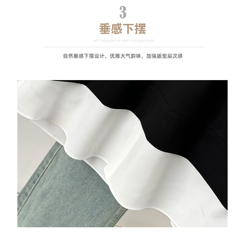 실사 빅 사이즈 여성 의류 지방 mm 배색 흑인과 백인 페이크 레이어드 패치워크 루즈핏 슬림해 보이는 표지 배 디자인 센스 작은 대중 셔츠 상세 이미지 6