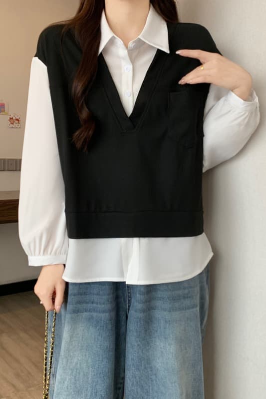 빅 사이즈 여성 의류 지방 mm 2026 이른 가을 패션 배색 패치워크 POLO 칼라 셔츠 슬림해 보이는 긴팔 페이크 레이어드 맨위 이미지 7