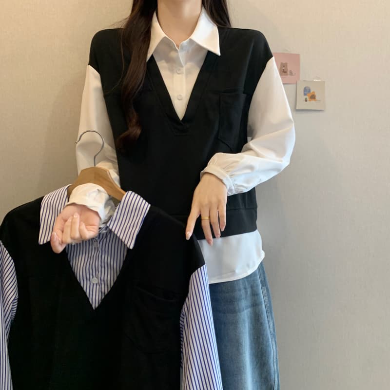 빅 사이즈 여성 의류 지방 mm 2026 이른 가을 패션 배색 패치워크 POLO 칼라 셔츠 슬림해 보이는 긴팔 페이크 레이어드 맨위 상세 이미지 1