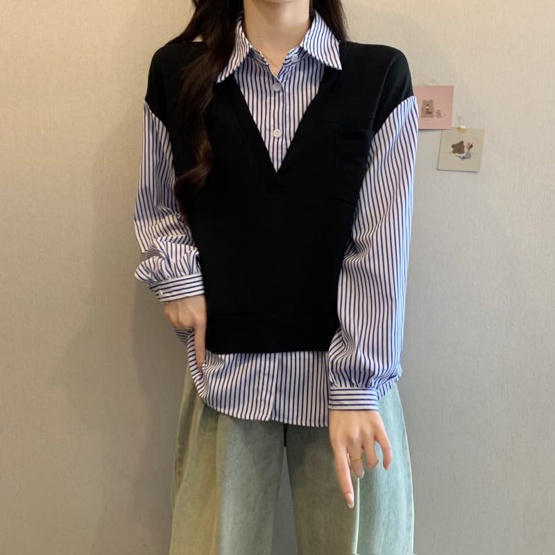 빅 사이즈 여성 의류 지방 mm 2026 이른 가을 패션 배색 패치워크 POLO 칼라 셔츠 슬림해 보이는 긴팔 페이크 레이어드 맨위 상세 이미지 3
