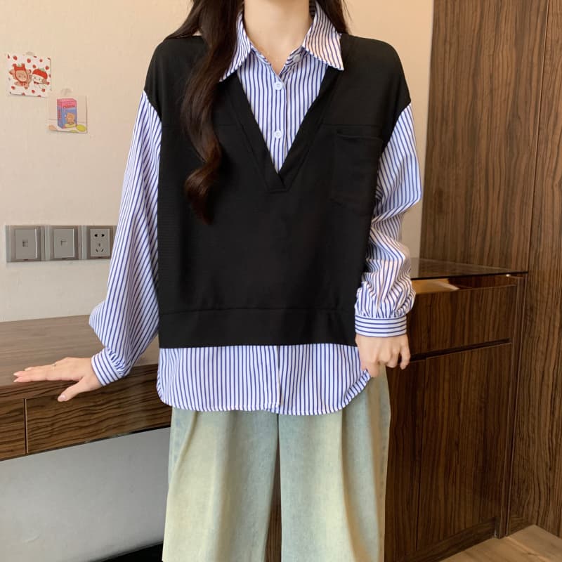 빅 사이즈 여성 의류 지방 mm 2026 이른 가을 패션 배색 패치워크 POLO 칼라 셔츠 슬림해 보이는 긴팔 페이크 레이어드 맨위 상세 이미지 8