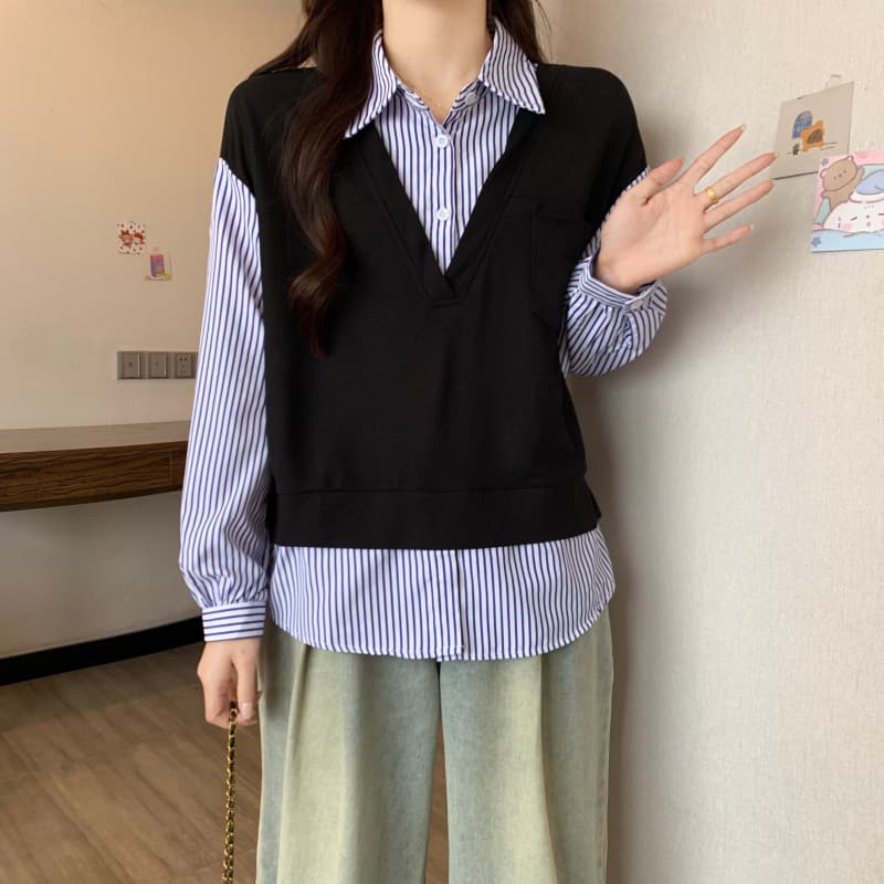 빅 사이즈 여성 의류 지방 mm 2026 이른 가을 패션 배색 패치워크 POLO 칼라 셔츠 슬림해 보이는 긴팔 페이크 레이어드 맨위 상세 이미지 15