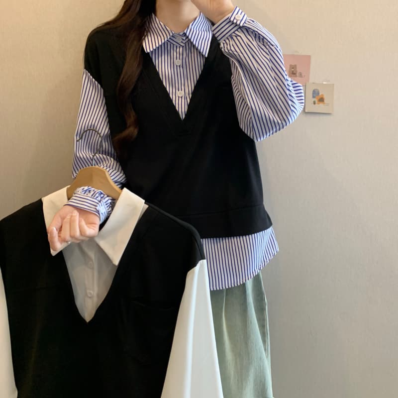 빅 사이즈 여성 의류 지방 mm 2026 이른 가을 패션 배색 패치워크 POLO 칼라 셔츠 슬림해 보이는 긴팔 페이크 레이어드 맨위 상세 이미지 19