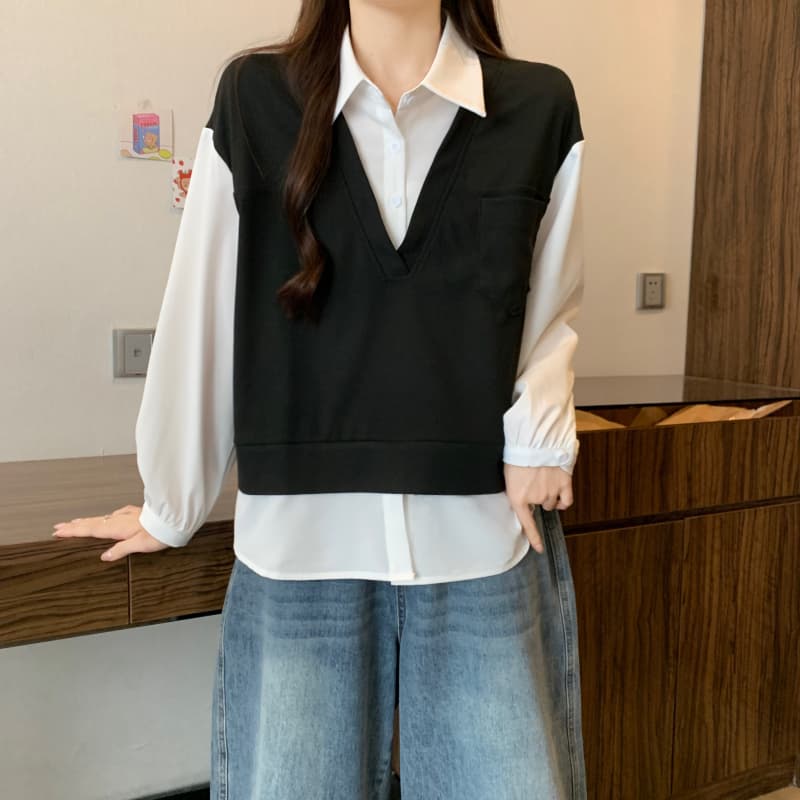 빅 사이즈 여성 의류 지방 mm 2026 이른 가을 패션 배색 패치워크 POLO 칼라 셔츠 슬림해 보이는 긴팔 페이크 레이어드 맨위 상세 이미지 20