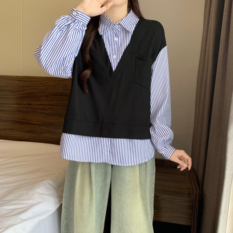 빅 사이즈 여성 의류 지방 mm 2026 이른 가을 패션 배색 패치워크 POLO 칼라 셔츠 슬림해 보이는 긴팔 페이크 레이어드 맨위 상세 이미지 21