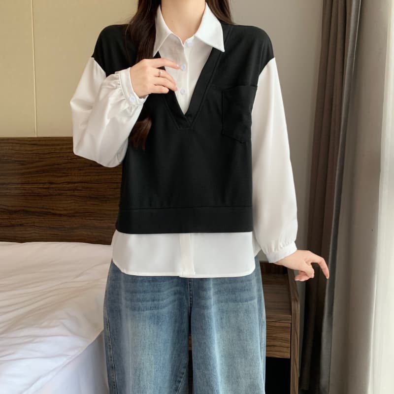 빅 사이즈 여성 의류 지방 mm 2026 이른 가을 패션 배색 패치워크 POLO 칼라 셔츠 슬림해 보이는 긴팔 페이크 레이어드 맨위 상세 이미지 22