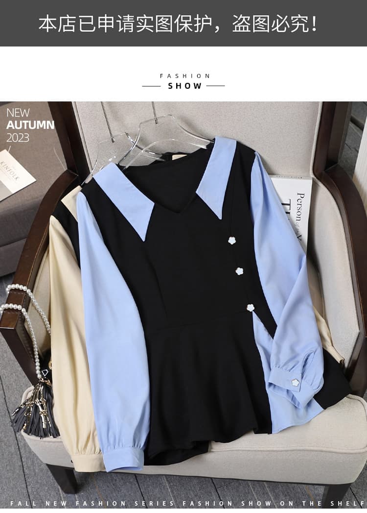 가을 새로운 빅 사이즈 여성 의류 지방 mm 폴로 칼라 트임 배색 패치워크 페이크 레이어드 슬림해 보이는 표지 배 셔츠 상세 이미지 1