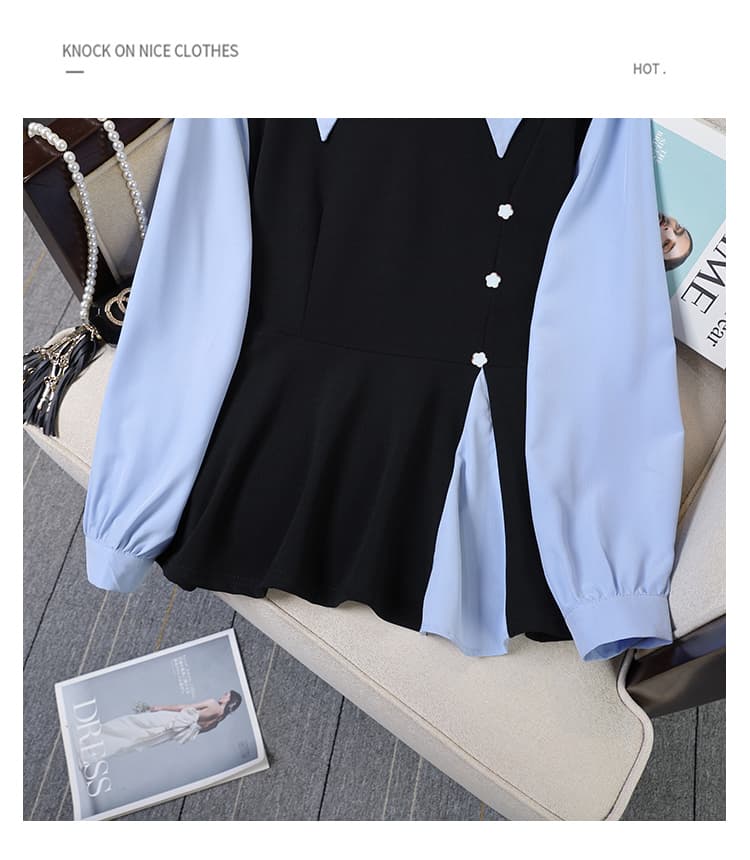 가을 새로운 빅 사이즈 여성 의류 지방 mm 폴로 칼라 트임 배색 패치워크 페이크 레이어드 슬림해 보이는 표지 배 셔츠 상세 이미지 33