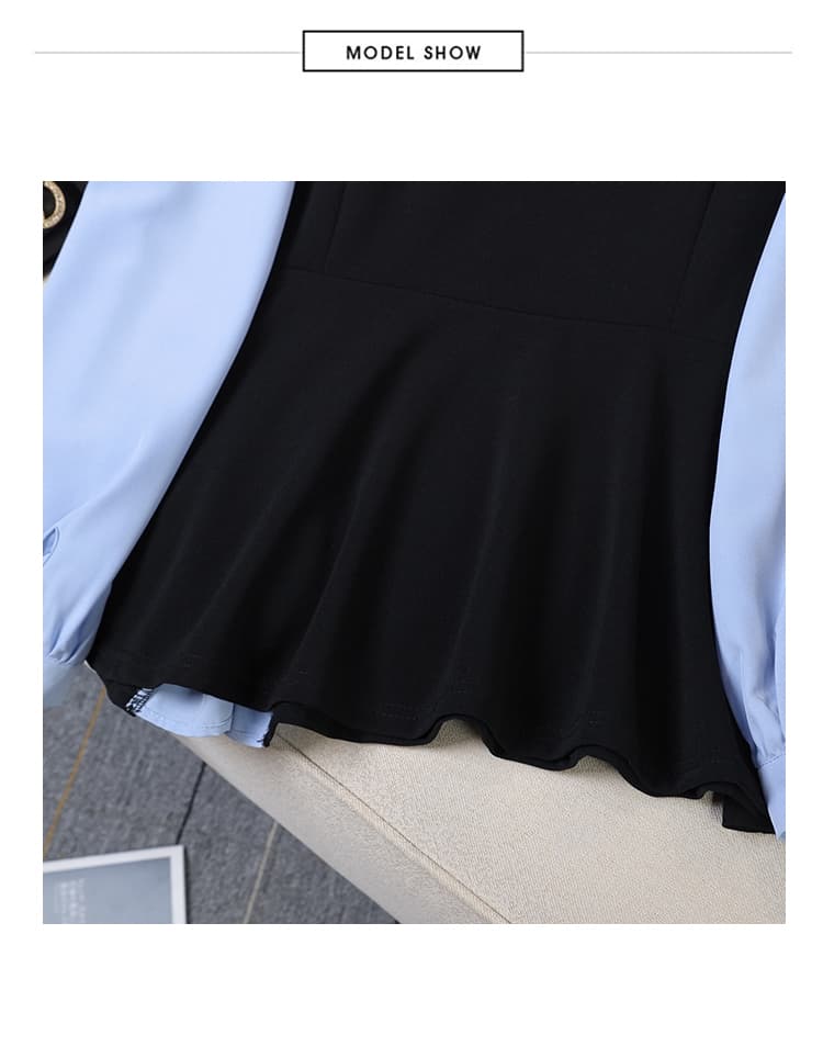 가을 새로운 빅 사이즈 여성 의류 지방 mm 폴로 칼라 트임 배색 패치워크 페이크 레이어드 슬림해 보이는 표지 배 셔츠 상세 이미지 37
