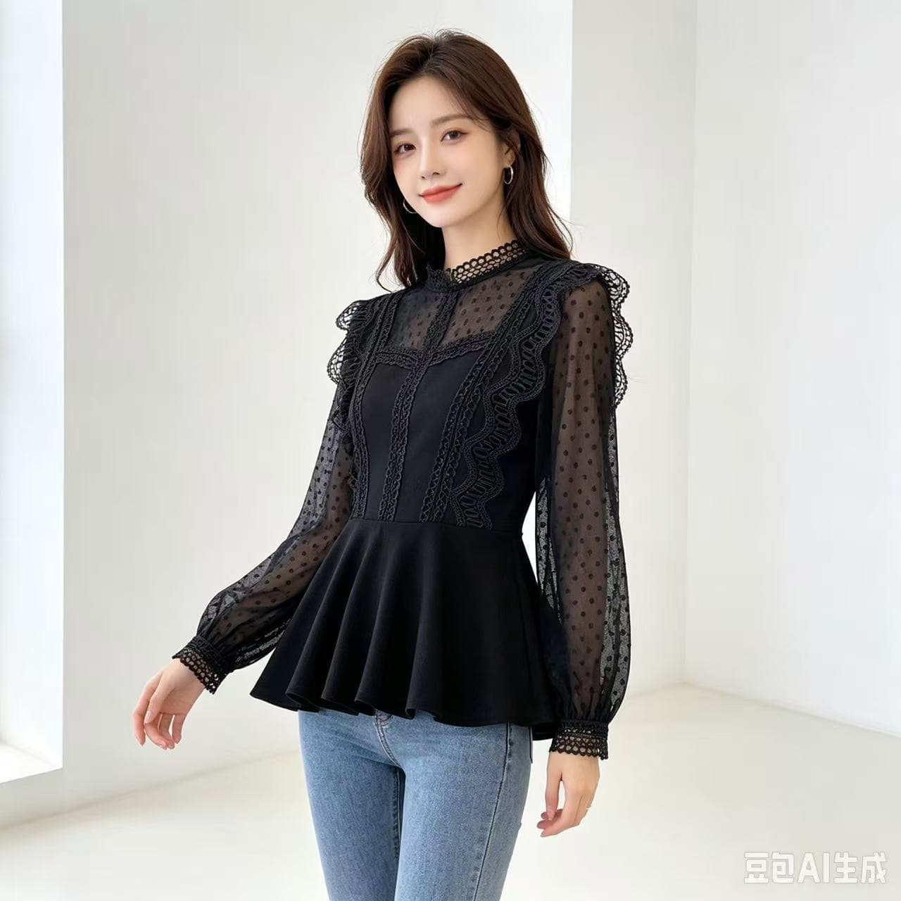 빅 사이즈 여성 의류 지방 mm 2026 이른 가을 새로운 빛 럭셔리 명문 여성 레트로 레이스 도트 무늬 쉬폰 패치워크 슬림해 보이는 맨위 이미지 3