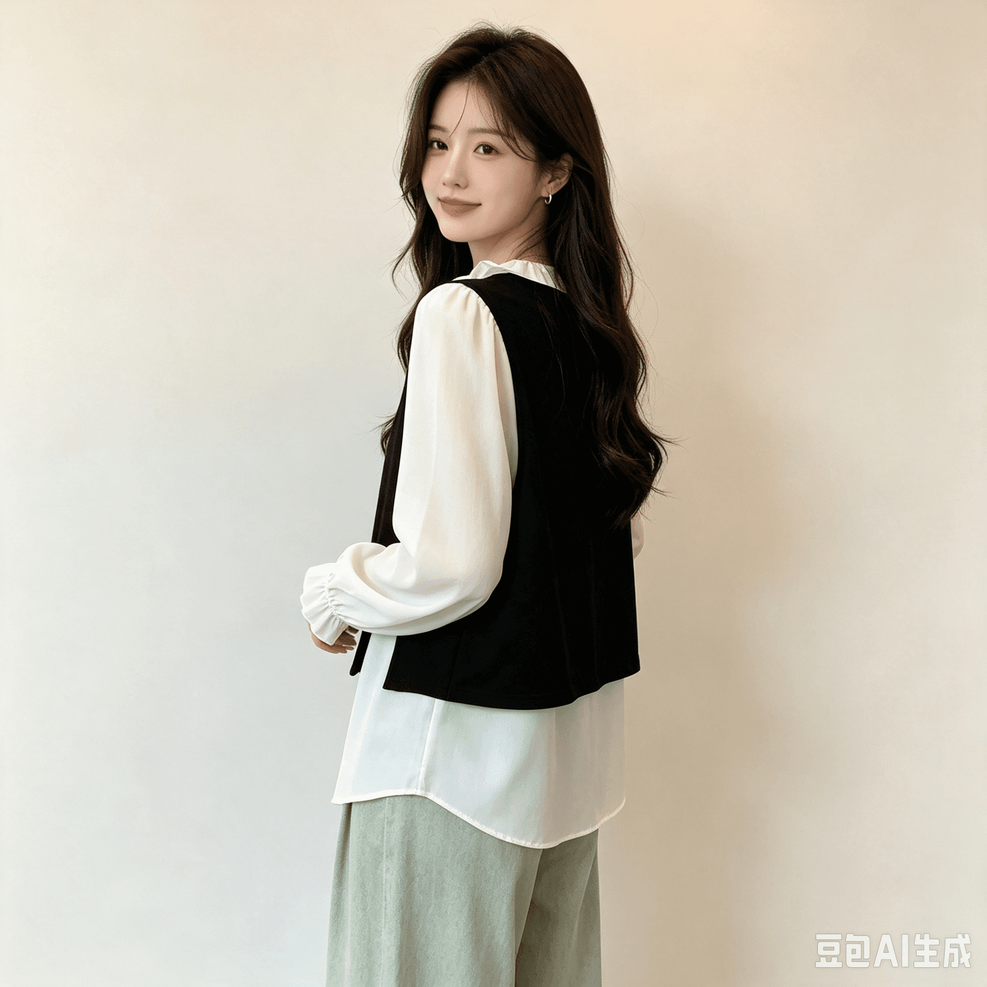 실사 빅 사이즈 여성 의류 지방 mm 배색 패치워크 페이크 레이어드 루즈핏 슬림해 보이는 프릴 레이스업 한국 스타일 다용도 맨위 이미지 3