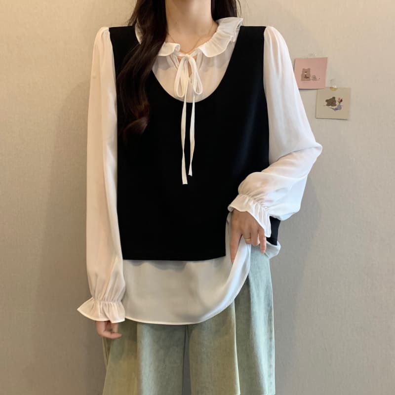 빅 사이즈 여성 의류 2026 이른 가을 신제품 프릴 레이스업 나비 매듭 패치워크 페이크 레이어드 슬림해 보이는 표지 고기 맨위 이미지 2