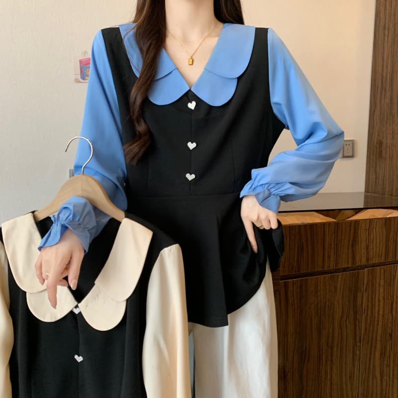 실사 빅 사이즈 여성 의류 지방 mm 봄 신제품 배색 슬림해 보이는 허리 수축 베이비 칼라 연령 감소 표지 배 맨위 이미지 2