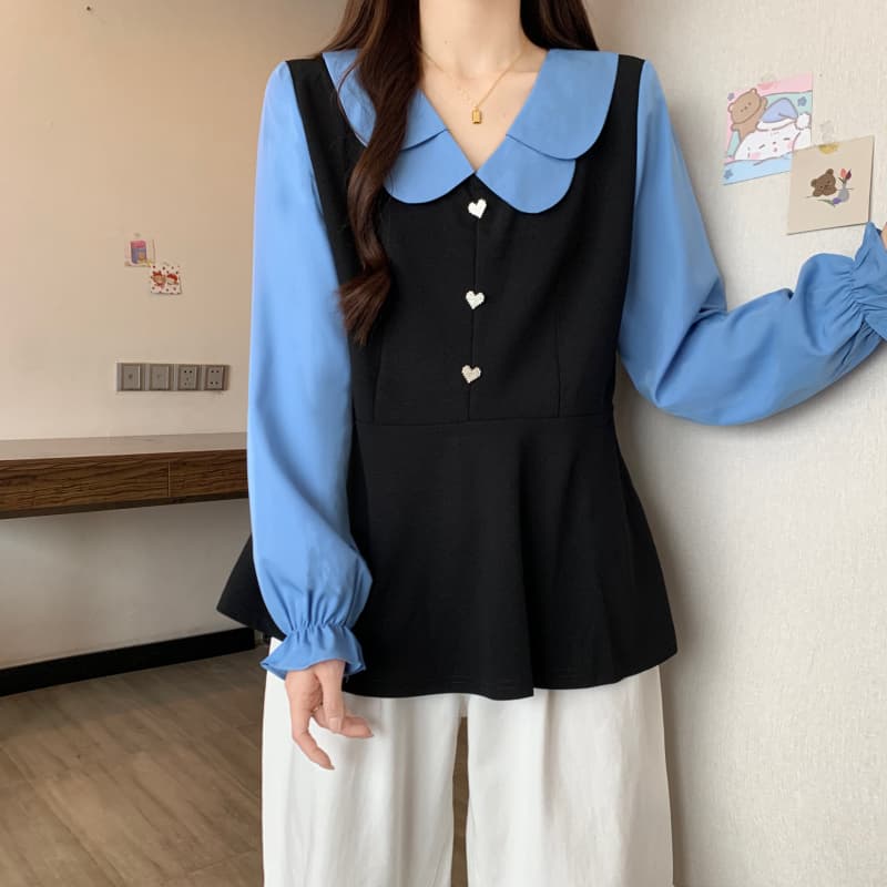 실사 빅 사이즈 여성 의류 지방 mm 봄 신제품 배색 슬림해 보이는 허리 수축 베이비 칼라 연령 감소 표지 배 맨위 이미지 5
