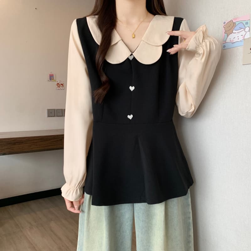 실사 빅 사이즈 여성 의류 지방 mm 봄 신제품 배색 슬림해 보이는 허리 수축 베이비 칼라 연령 감소 표지 배 맨위 상세 이미지 1