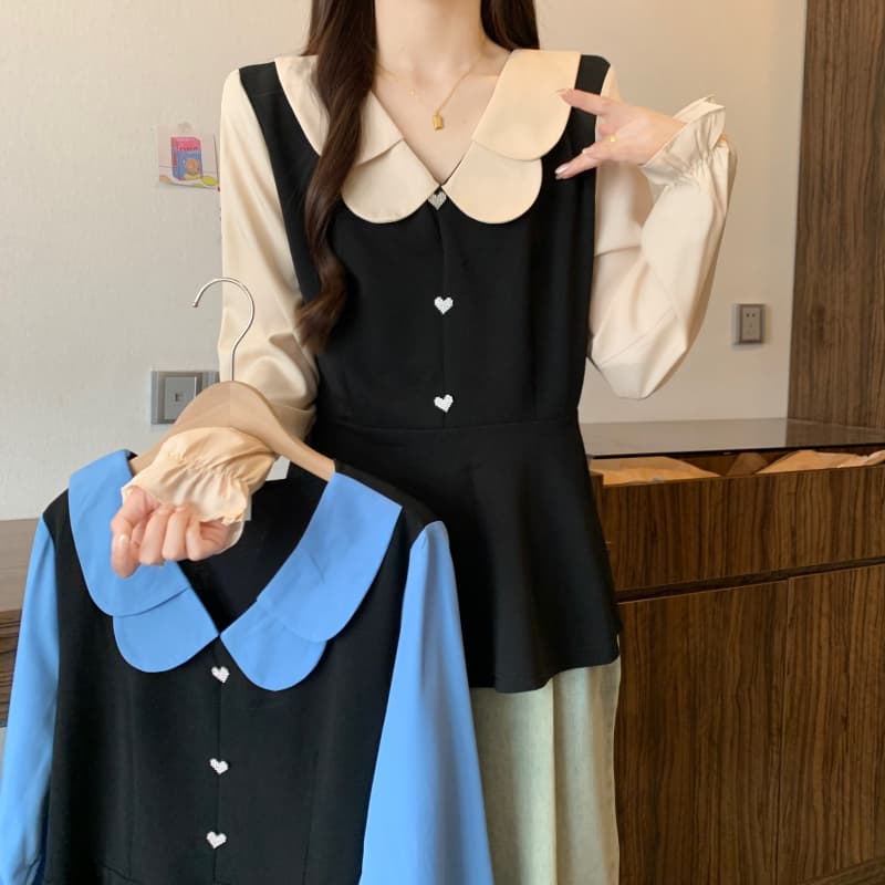 실사 빅 사이즈 여성 의류 지방 mm 봄 신제품 배색 슬림해 보이는 허리 수축 베이비 칼라 연령 감소 표지 배 맨위 상세 이미지 7