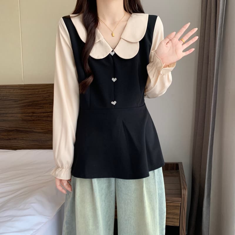 실사 빅 사이즈 여성 의류 지방 mm 봄 신제품 배색 슬림해 보이는 허리 수축 베이비 칼라 연령 감소 표지 배 맨위 상세 이미지 16