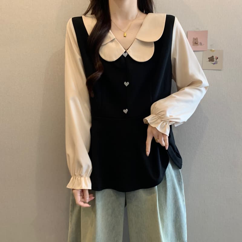 실사 빅 사이즈 여성 의류 지방 mm 봄 신제품 배색 슬림해 보이는 허리 수축 베이비 칼라 연령 감소 표지 배 맨위 상세 이미지 22