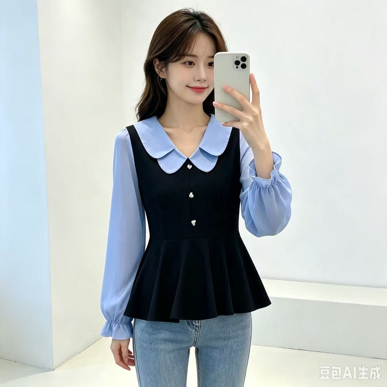 2026 가을 신제품 빅 사이즈 여성 의류 지방 mm 베이비 칼라 배색 패치워크 프랑스식 외국 가스 슬림해 보이는 페이크 레이어드 맨위 이미지 4