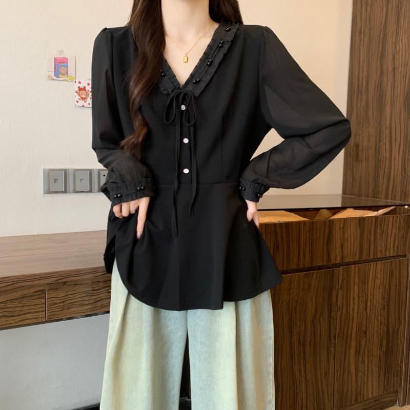 실사 빅 사이즈 여성 의류 지방 mm 이른 가을 신제품 쉬폰 패치워크 진주 레이스 한국 스타일 허리 수축 표지 배 V넥 맨위 상세 이미지 5
