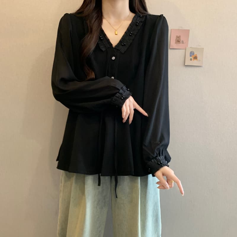 실사 빅 사이즈 여성 의류 지방 mm 이른 가을 신제품 쉬폰 패치워크 진주 레이스 한국 스타일 허리 수축 표지 배 V넥 맨위 상세 이미지 11