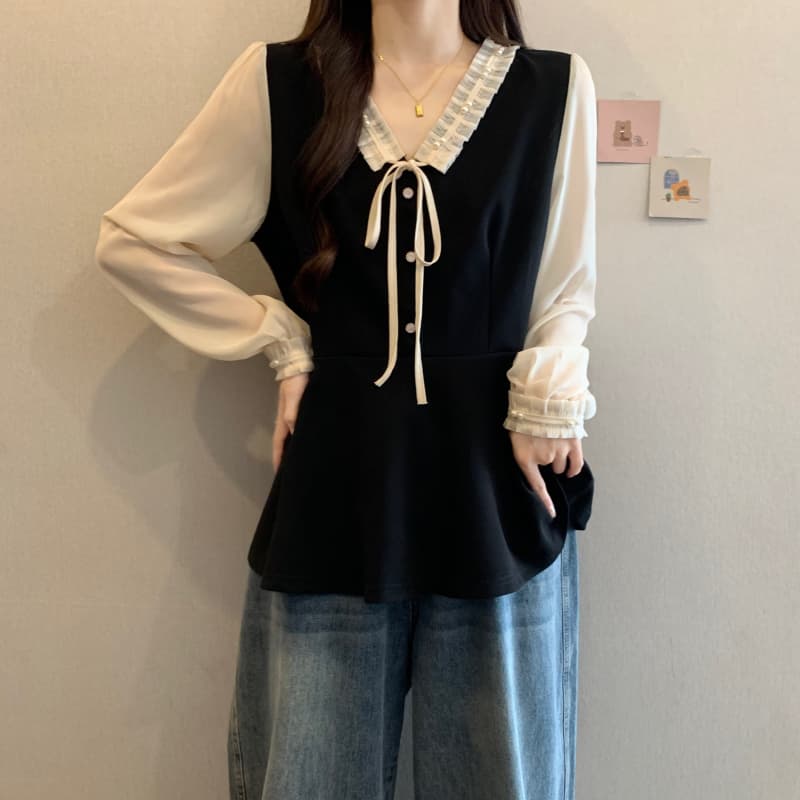 실사 빅 사이즈 여성 의류 지방 mm 이른 가을 신제품 쉬폰 패치워크 진주 레이스 한국 스타일 허리 수축 표지 배 V넥 맨위 상세 이미지 12
