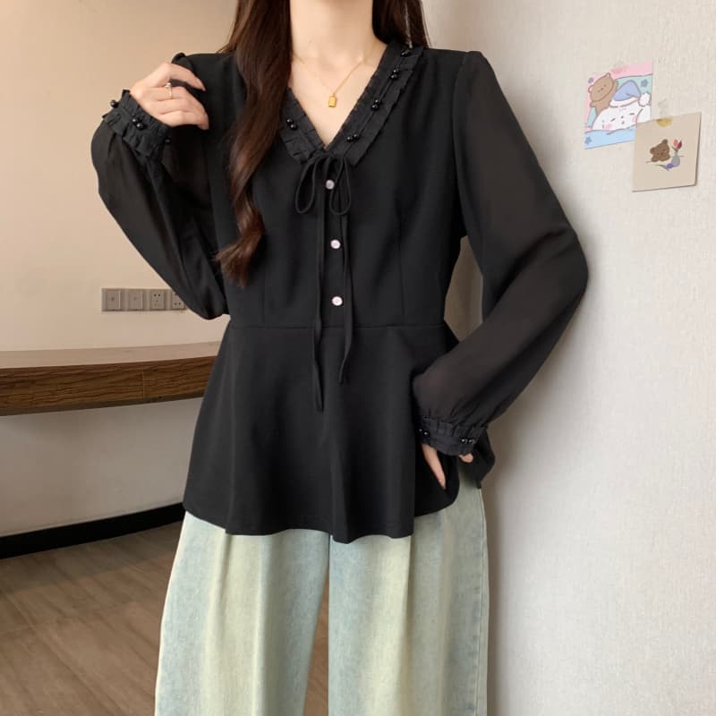 실사 빅 사이즈 여성 의류 지방 mm 이른 가을 신제품 쉬폰 패치워크 진주 레이스 한국 스타일 허리 수축 표지 배 V넥 맨위 상세 이미지 13
