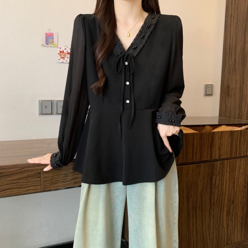 실사 빅 사이즈 여성 의류 지방 mm 이른 가을 신제품 쉬폰 패치워크 진주 레이스 한국 스타일 허리 수축 표지 배 V넥 맨위 상세 이미지 14