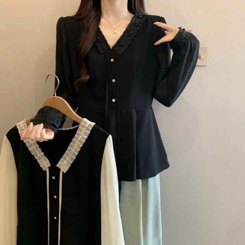 실사 빅 사이즈 여성 의류 지방 mm 이른 가을 신제품 쉬폰 패치워크 진주 레이스 한국 스타일 허리 수축 표지 배 V넥 맨위 상세 이미지 18