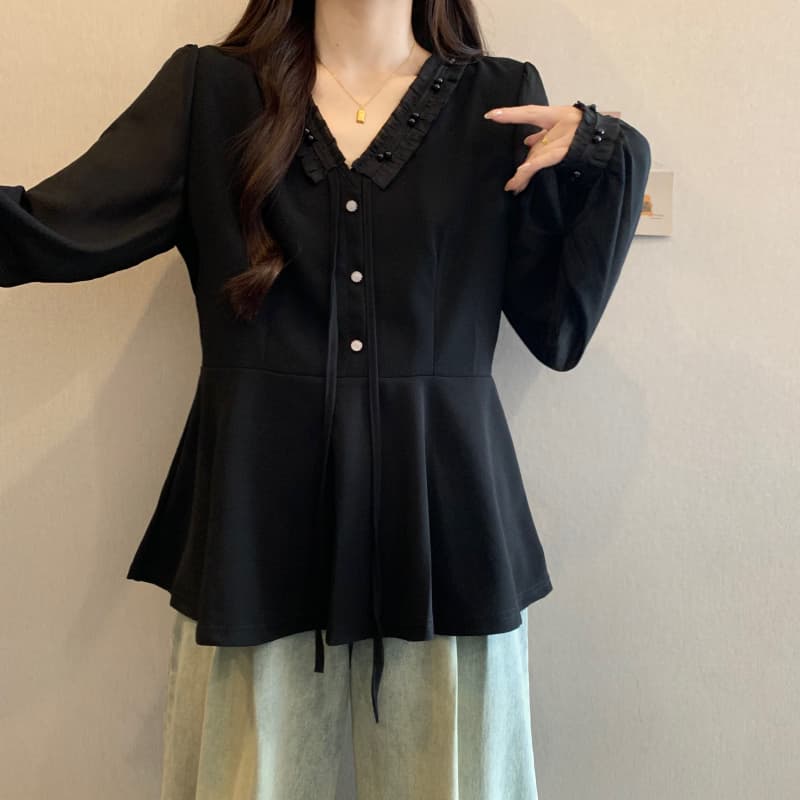 실사 빅 사이즈 여성 의류 지방 mm 이른 가을 신제품 쉬폰 패치워크 진주 레이스 한국 스타일 허리 수축 표지 배 V넥 맨위 상세 이미지 24