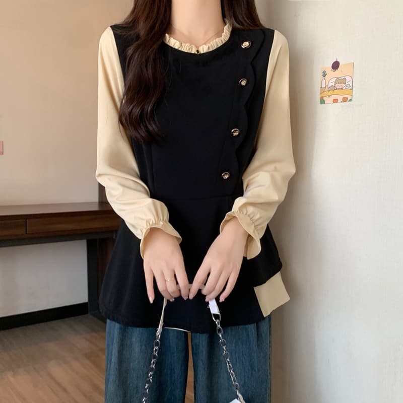빅 사이즈 여성 의류 지방 mm 2026 가을 새로운 외국 가스 프릴 라운드 넥 배색 패치워크 슬림해 보이는 긴팔 셔츠 이미지 5