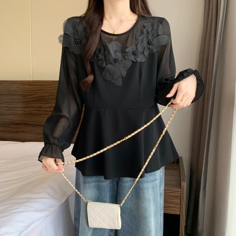 실사 빅 사이즈 여성 의류 지방 mm 이른 가을 신제품 패션 패치워크 품격 연령 감소 3 차원 패치워크 다용도 맨위 이미지 3