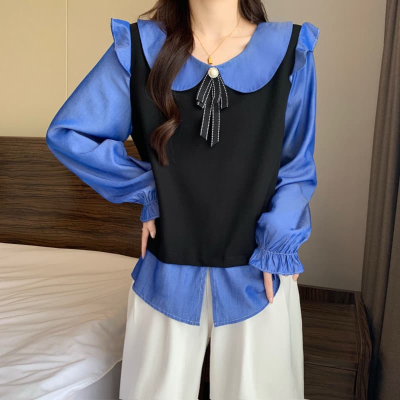 2026 가을 신제품 빅 사이즈 여성 의류 지방 mm 베이비 칼라 페이크 레이어드 베스트 긴팔 연령 감소 자이언트 슬림해 보이는 맨위 상세 이미지 3