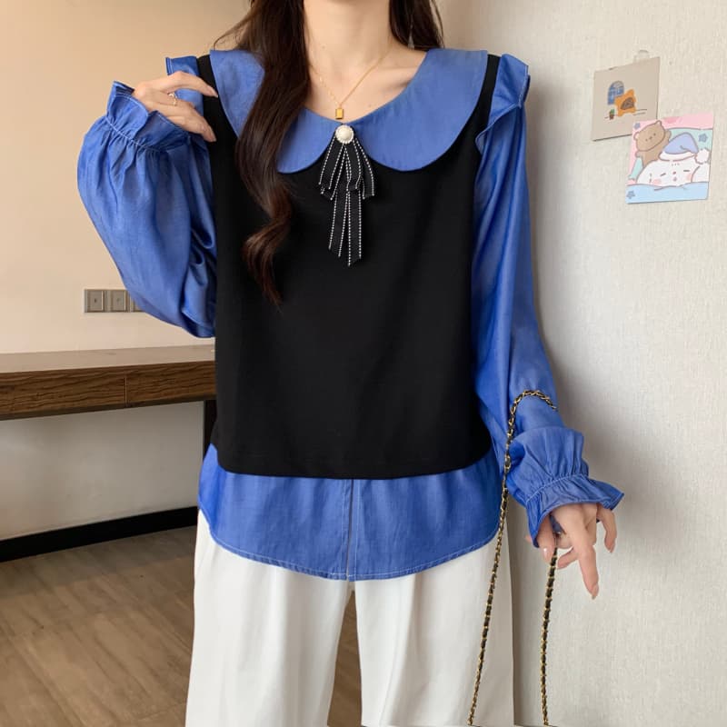 2026 가을 신제품 빅 사이즈 여성 의류 지방 mm 베이비 칼라 페이크 레이어드 베스트 긴팔 연령 감소 자이언트 슬림해 보이는 맨위 상세 이미지 9
