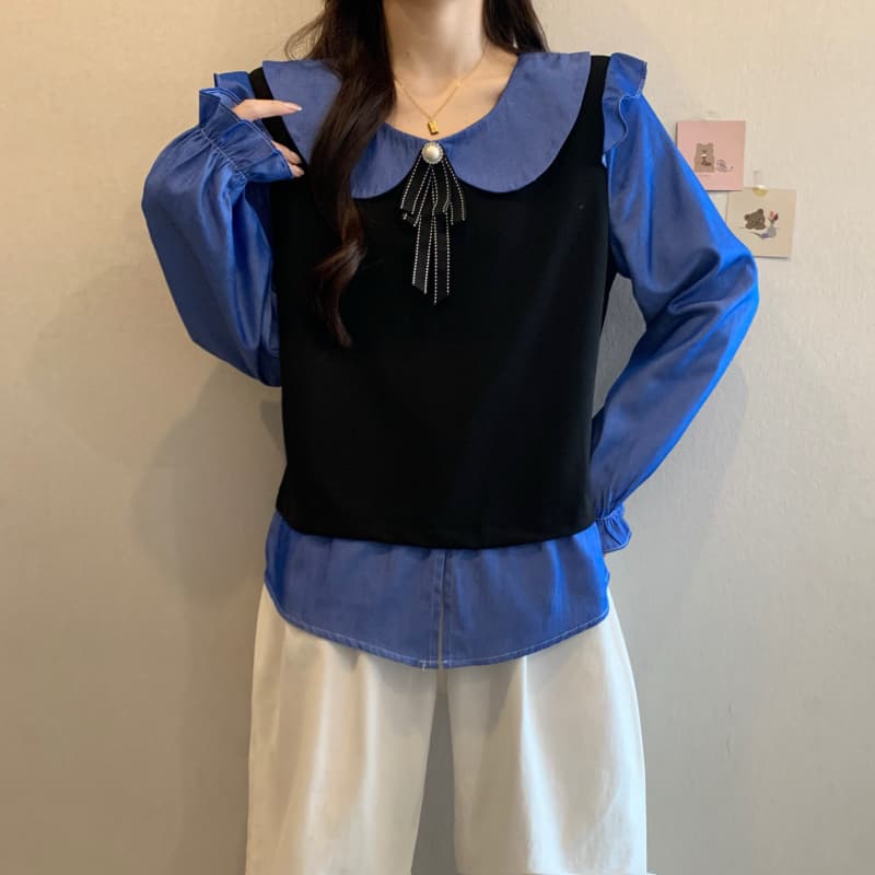 2026 가을 신제품 빅 사이즈 여성 의류 지방 mm 베이비 칼라 페이크 레이어드 베스트 긴팔 연령 감소 자이언트 슬림해 보이는 맨위 상세 이미지 12