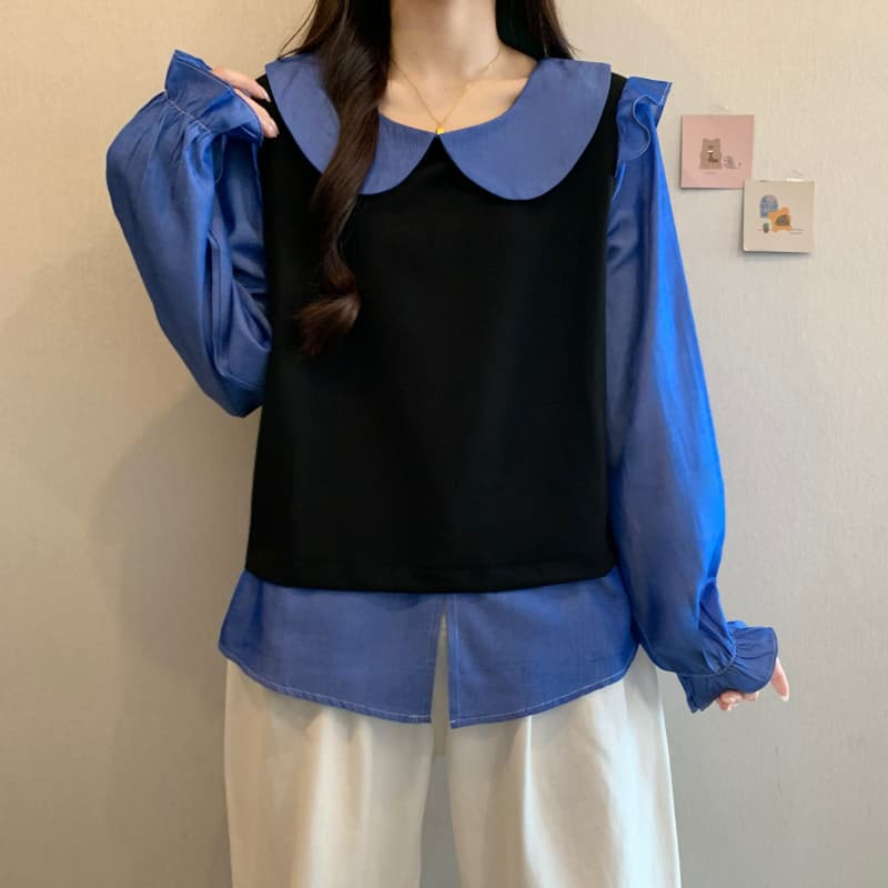 2026 가을 신제품 빅 사이즈 여성 의류 지방 mm 베이비 칼라 페이크 레이어드 베스트 긴팔 연령 감소 자이언트 슬림해 보이는 맨위 상세 이미지 13